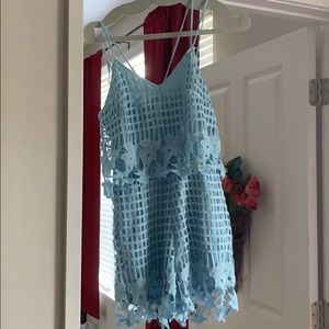 Sky blue grid/crochet spaghetti strap vneck romper